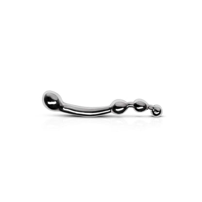 Kurvet metaldildo til vulva fra Peech liggende set fra siden