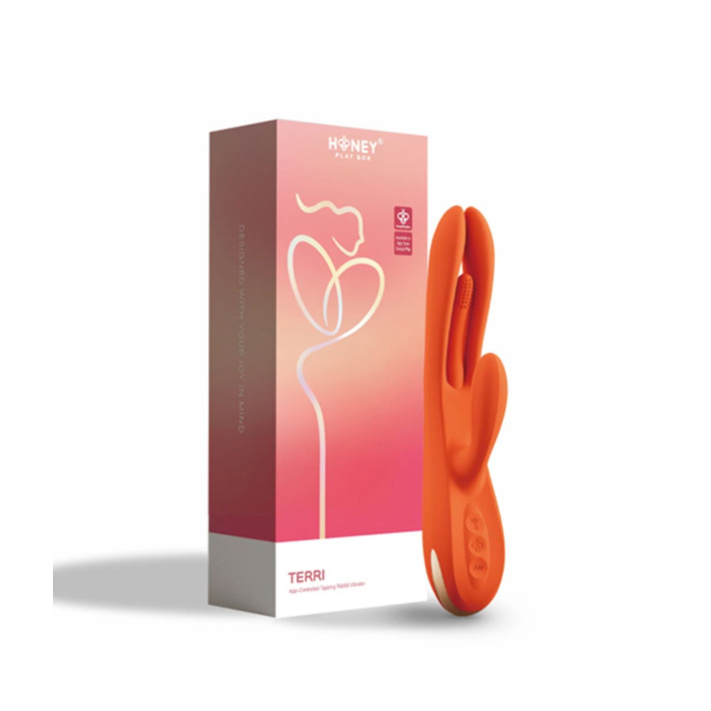 Terri Rabbit Vibrator i orange med emballage på hvid baggrund