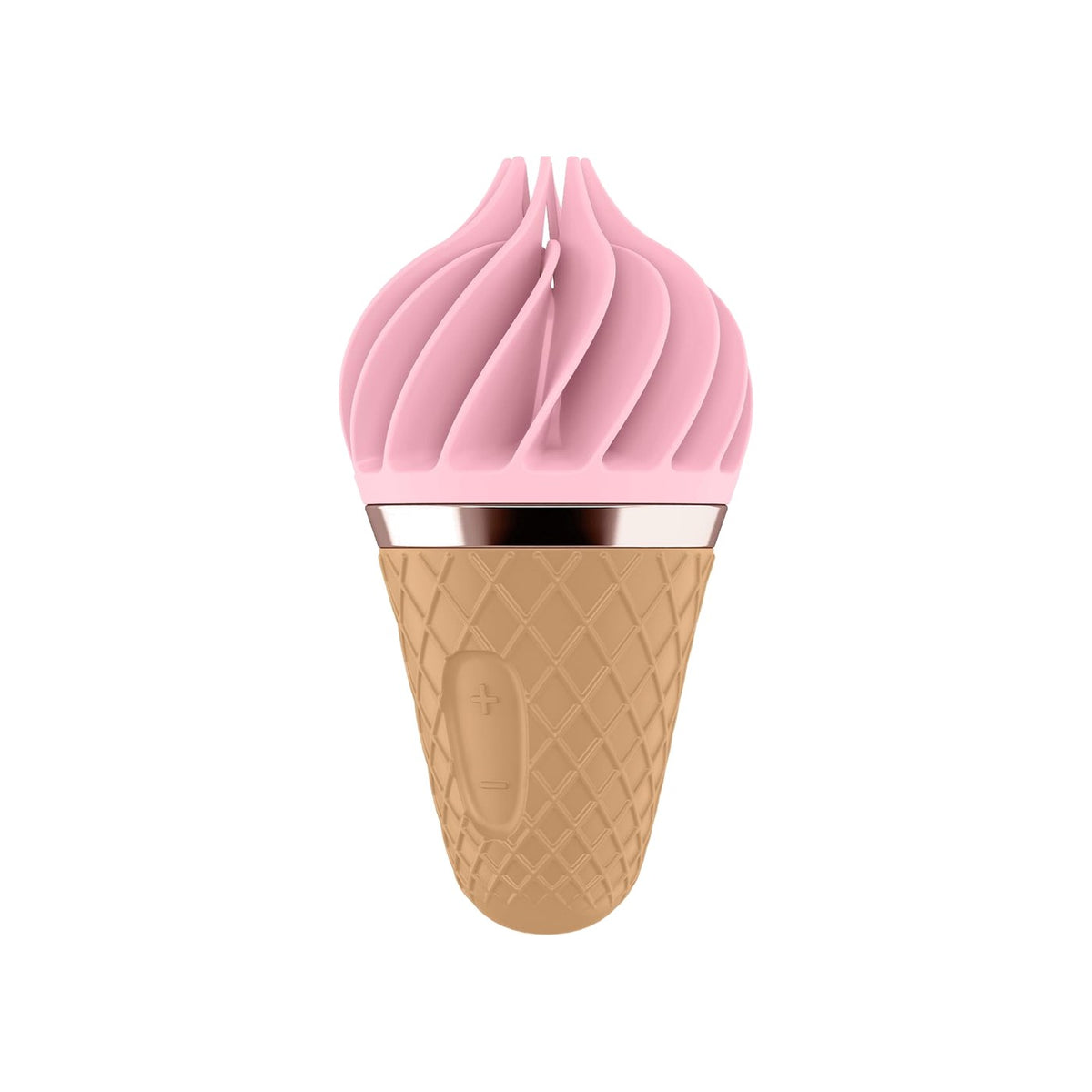 Satisfyer Sweet Treat rotating clitoral stimulator in pink and brown, shaped like an ice cream cone