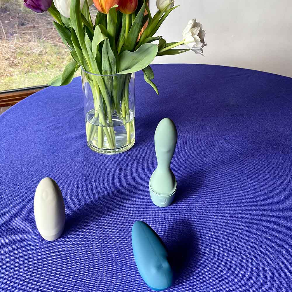 Grå Carezza klitoris stimulator fra Lora Dicarlo, inklusiv andre stimulatorer fra Lora Dicarlo på blå dug med blomster