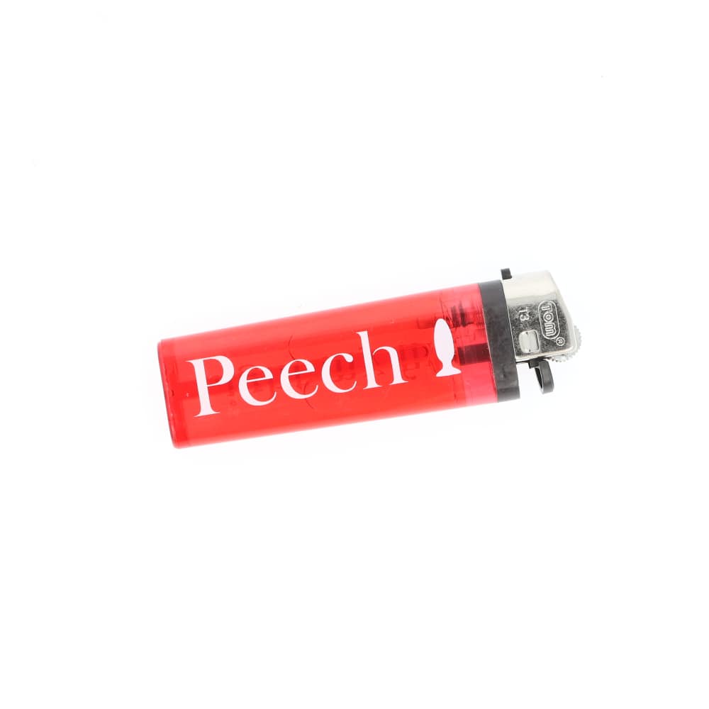Peech lighter i rød med hvid tekst på